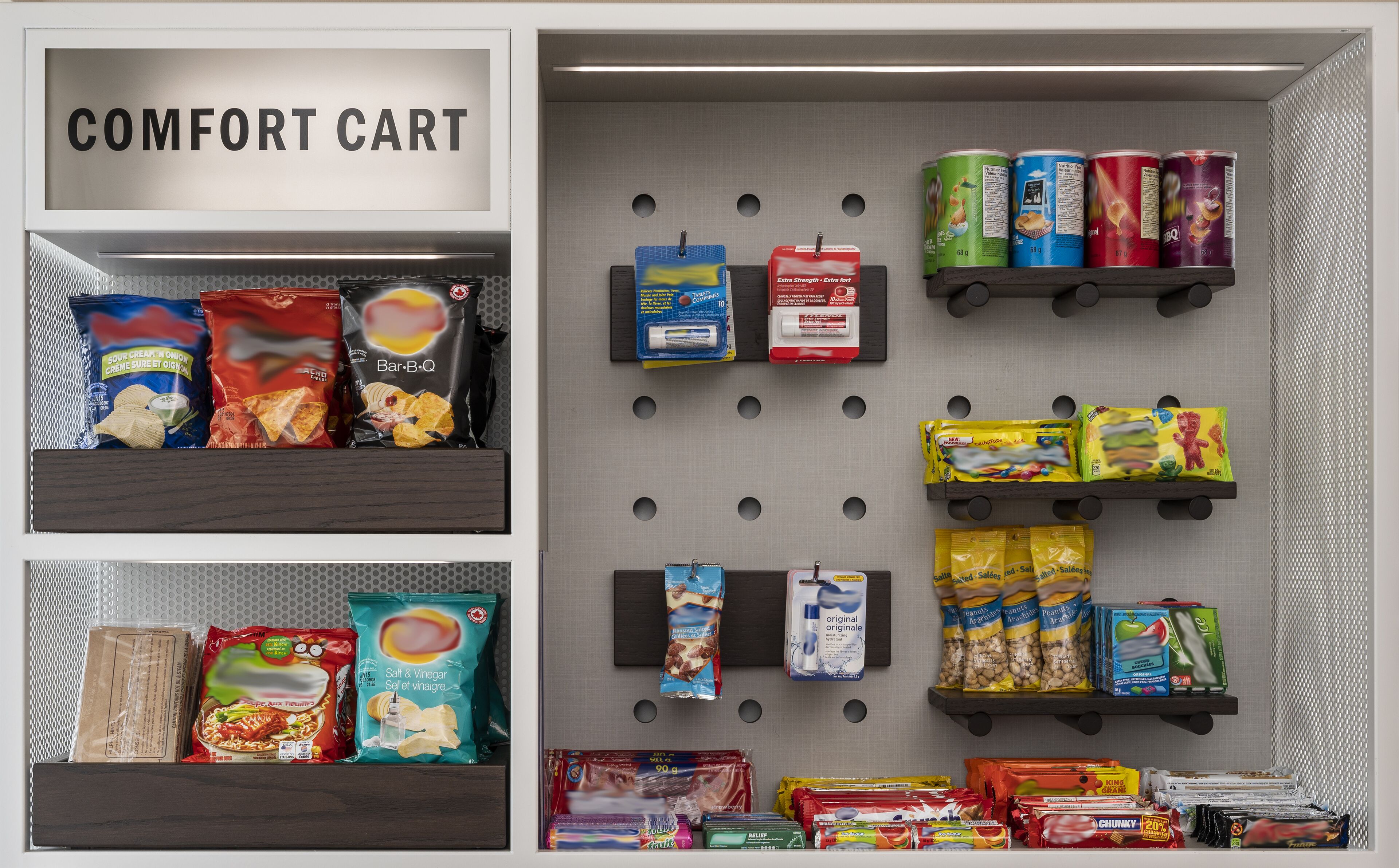 A comfort cart stocked with snacks, beverages, and condiments.