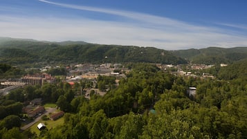 A town nestled in a valley with dense forested hills in the background.