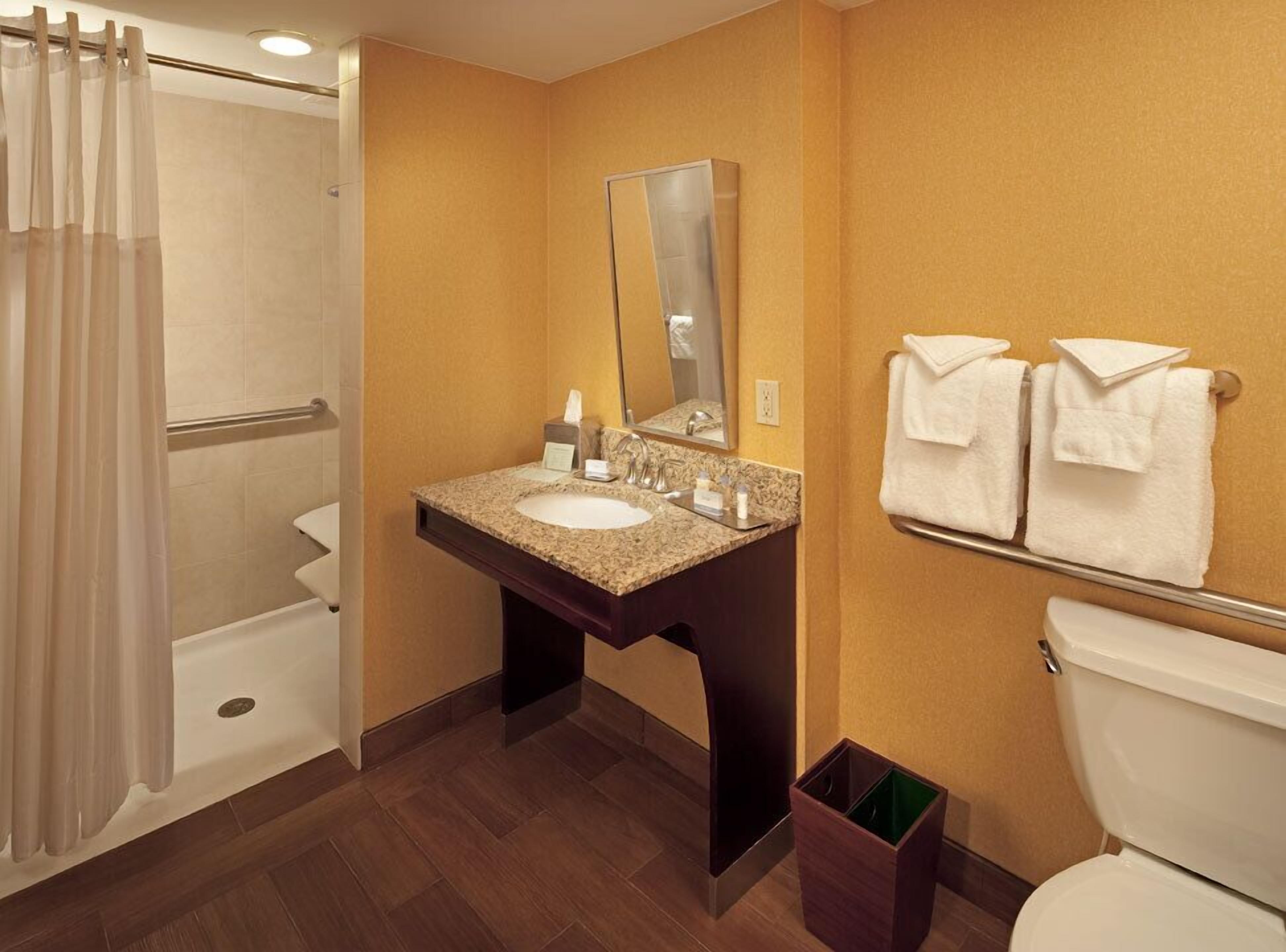 combined shower/bathtub, free toiletries, hair dryer, towels