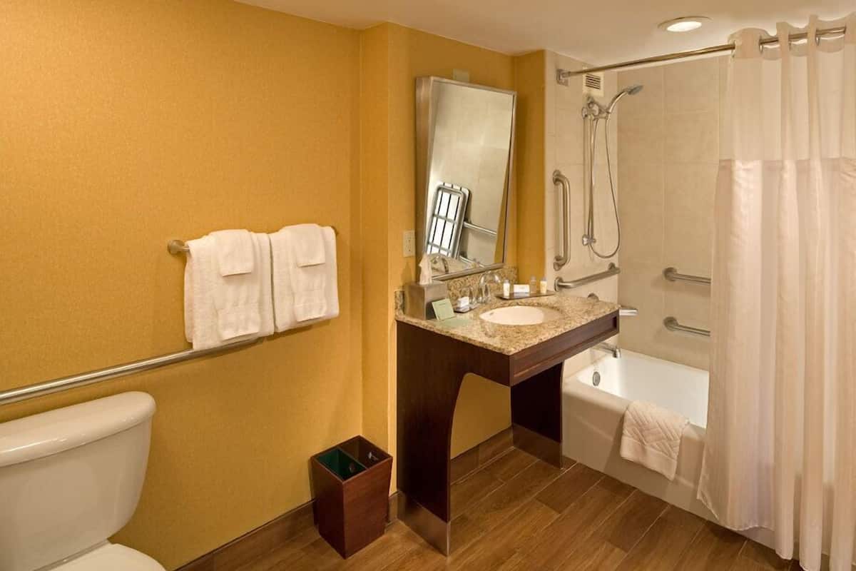 room, 1 king bed, accessible, bathtub (mobility & hearing) | bathroom | combined shower/bathtub, free toiletries, hair dryer, towels
