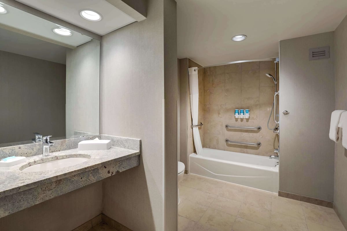 combined shower/bathtub, eco-friendly toiletries, hair dryer, towels