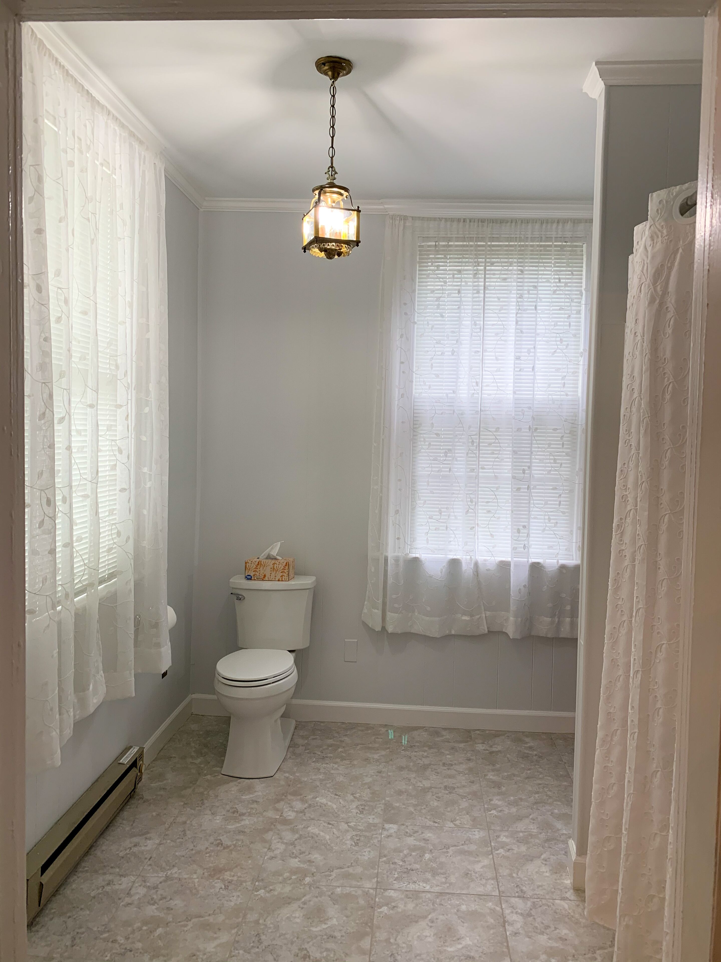 A bathroom with a toilet, a window with a curtain, and a hanging light fixture.