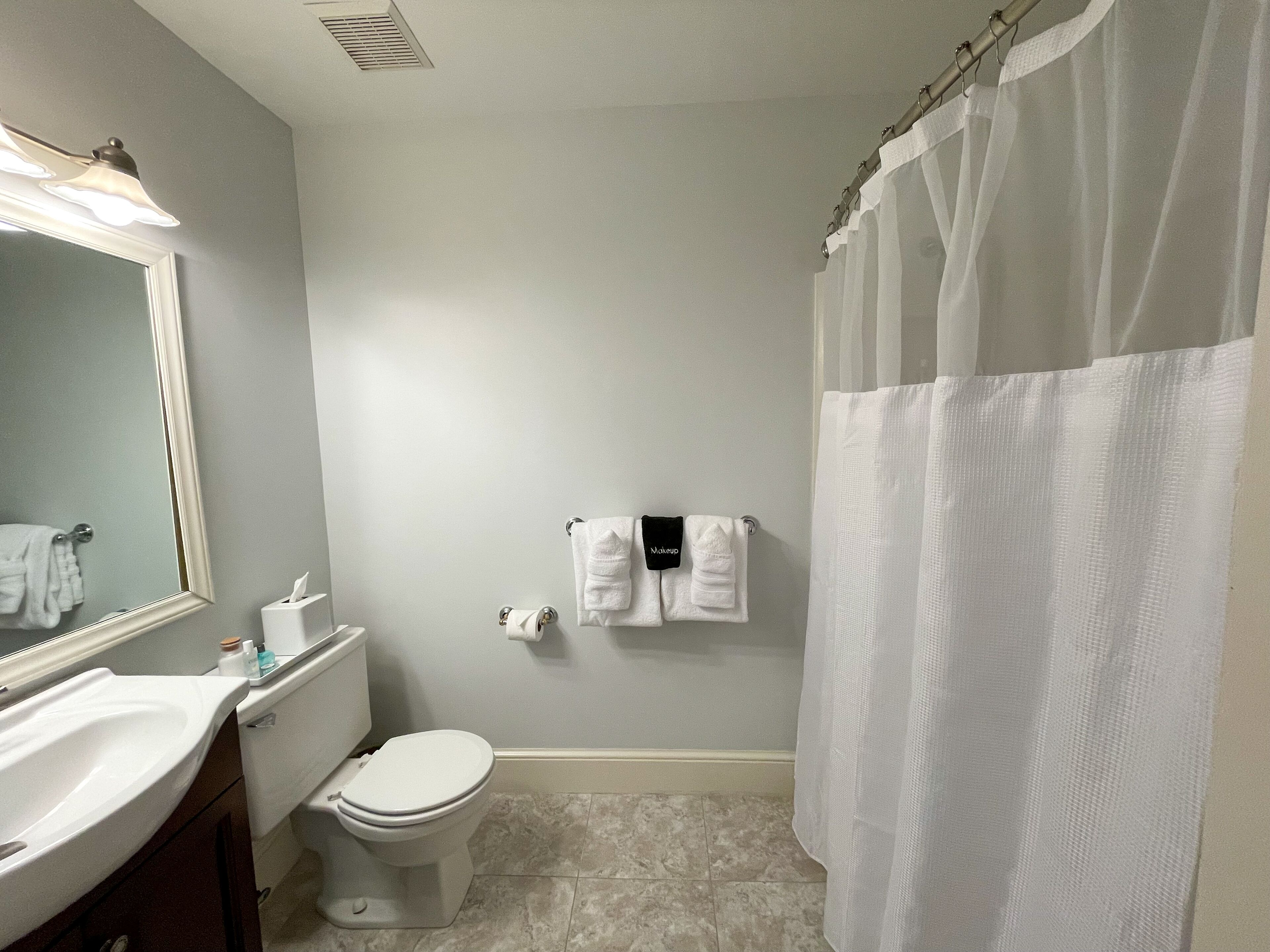 Une salle de bain équipée de toilettes, d’un lavabo, d’un miroir et d’un rideau de douche.