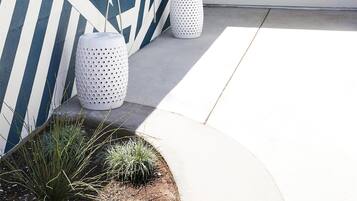 A modern outdoor space with a geometric wall design, a metal shower structure, and a white planter with cacti.