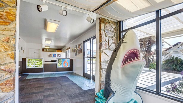 A reception area with a stone wall, a reception desk, and a large shark sculpture. - Motel 6 Fort Bragg, CA (Fort Bragg)