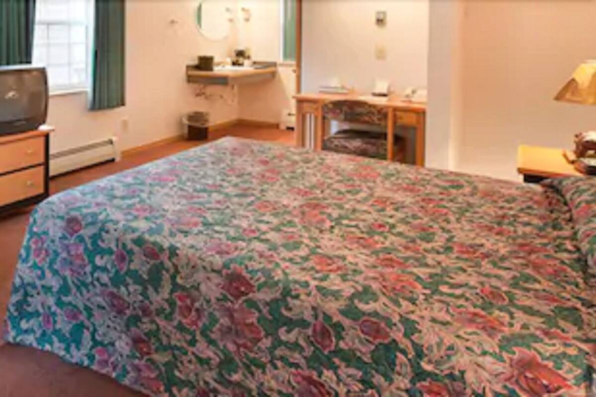 A bedroom with a bed, a desk, a chair, a television, and a dresser.