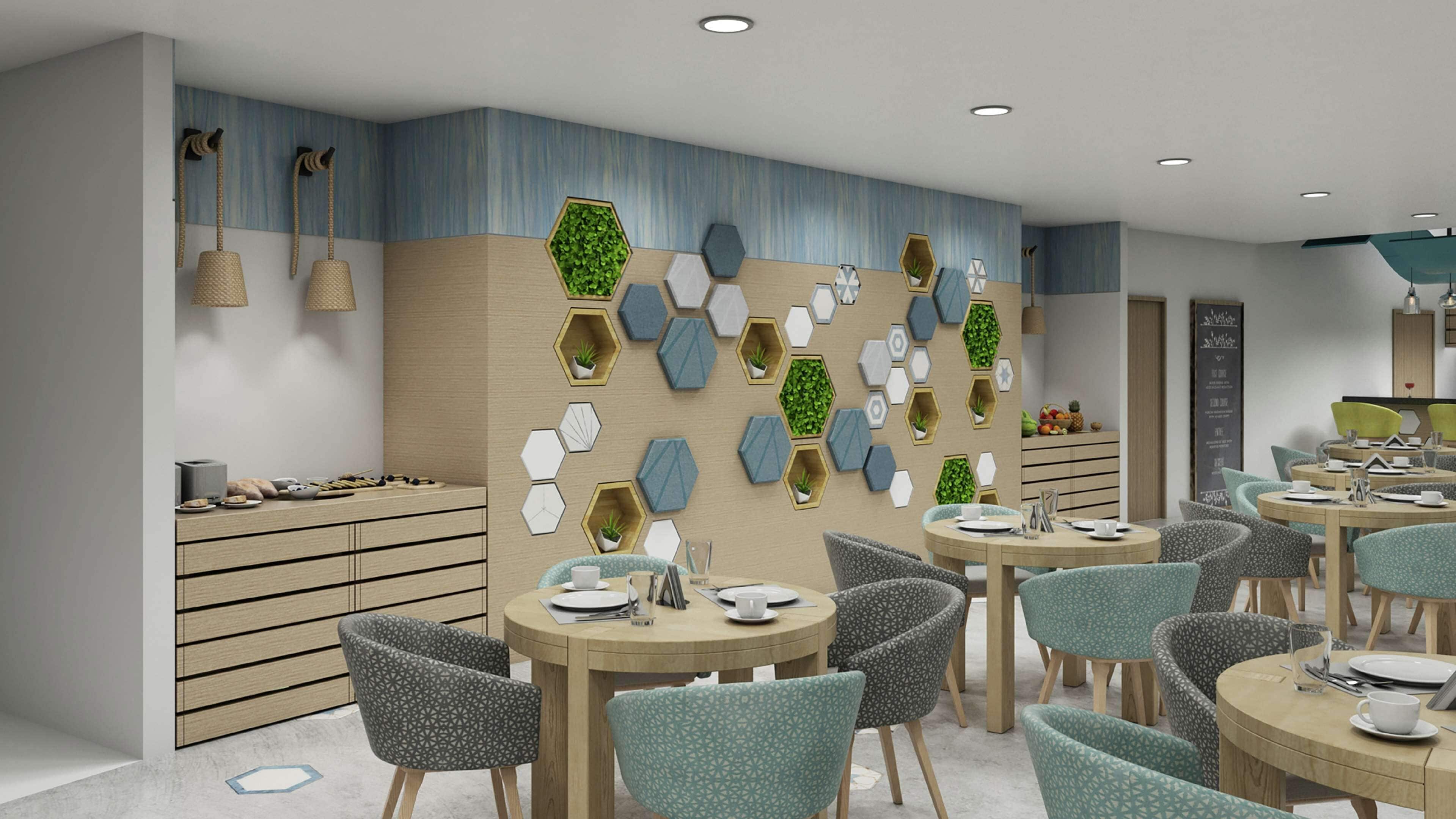 A modern dining area with hexagonal wall decorations, wooden furniture, and a clean, minimalist design.