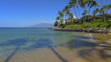 On the beach, sun loungers, beach towels, snorkeling