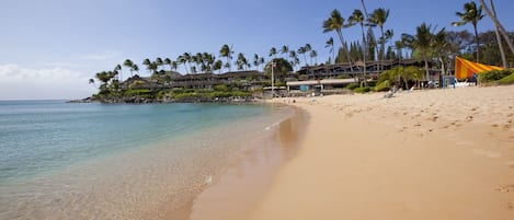 En la playa, sillas reclinables de playa, toallas de playa, snorkel