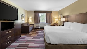 Une chambre d’hôtel avec un lit, une télévision, un canapé, une table basse et une fenêtre avec des rideaux.