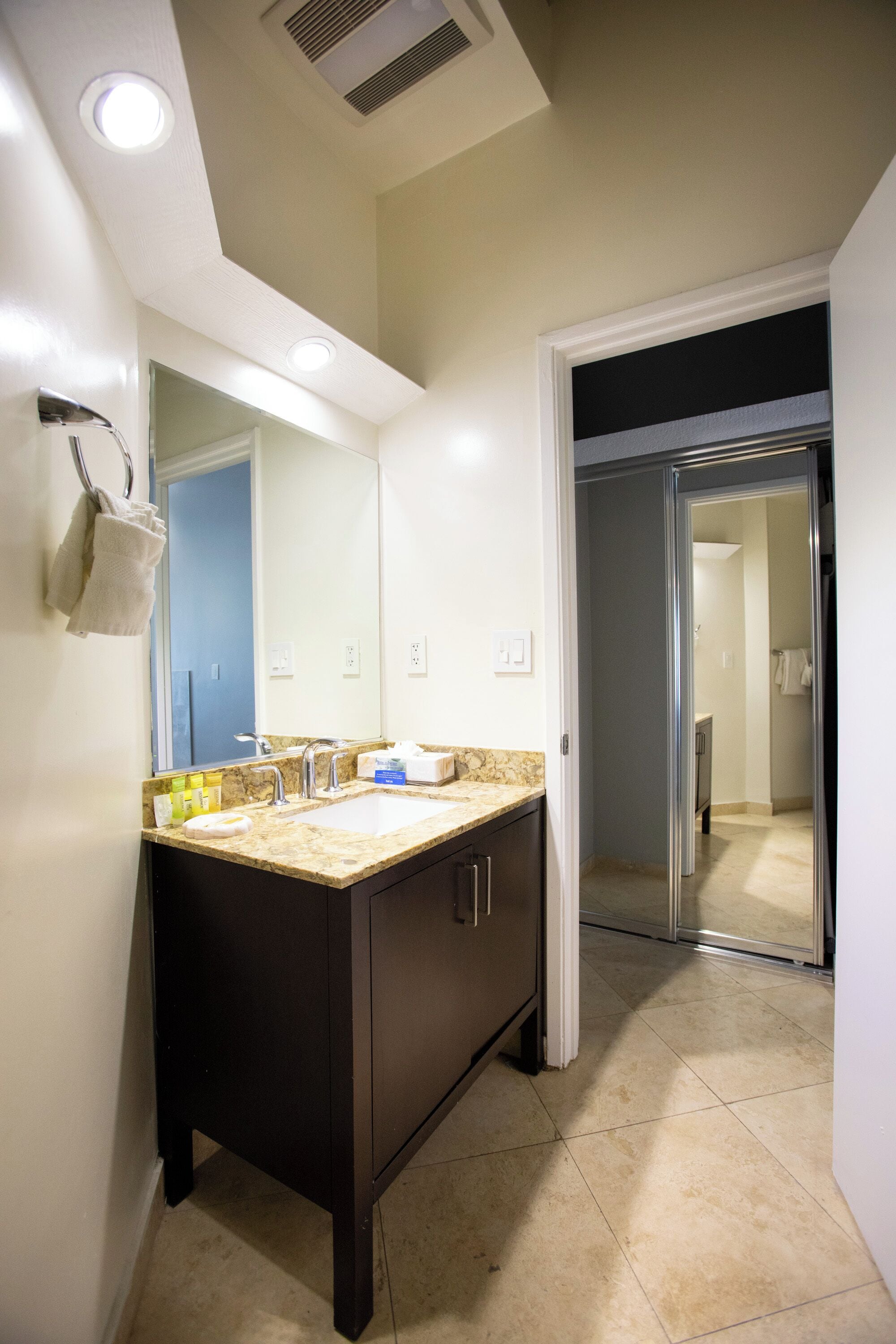 deluxe room, 1 king bed with sofa bed, fireplace | bathroom | free toiletries, hair dryer, towels