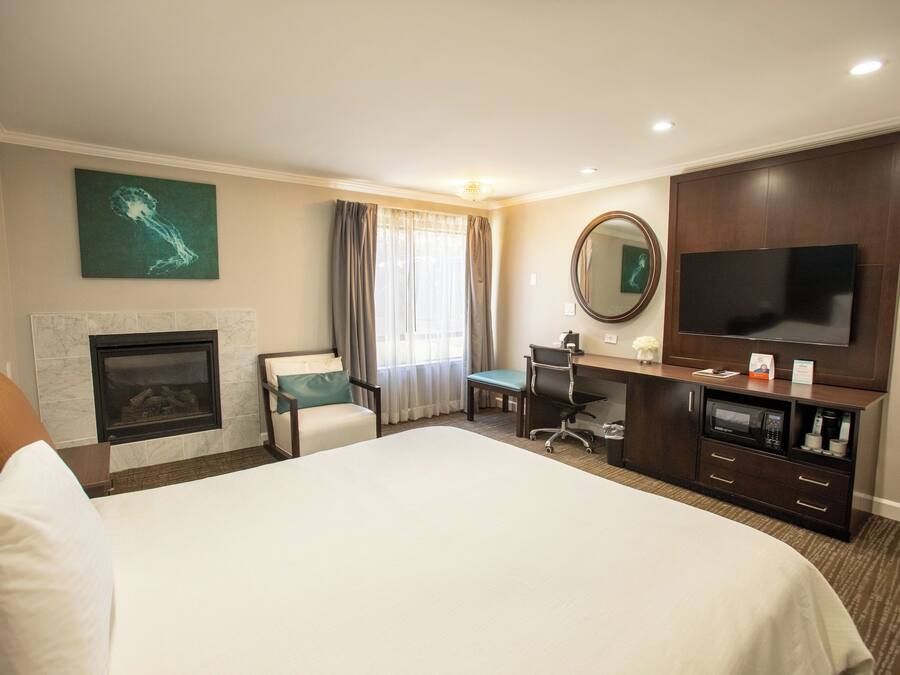 Quarto de hotel com uma cama grande, uma escrivaninha com cadeira, uma televisão, uma lareira e um espelho amplo.
