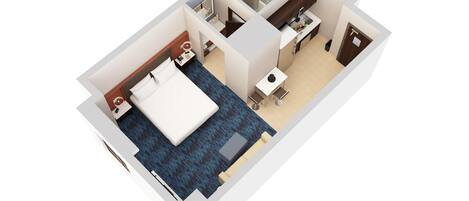 Distribución de una habitación de hotel con cama, escritorio, baño y una pequeña zona de estar.