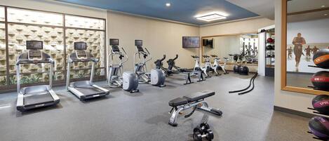A gym with treadmills, elliptical machines, a bench, and dumbbells.