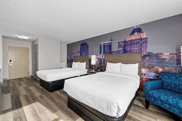 Standard Room, 2 Double Beds, Non Smoking | Desk, laptop workspace, blackout drapes, iron/ironing board