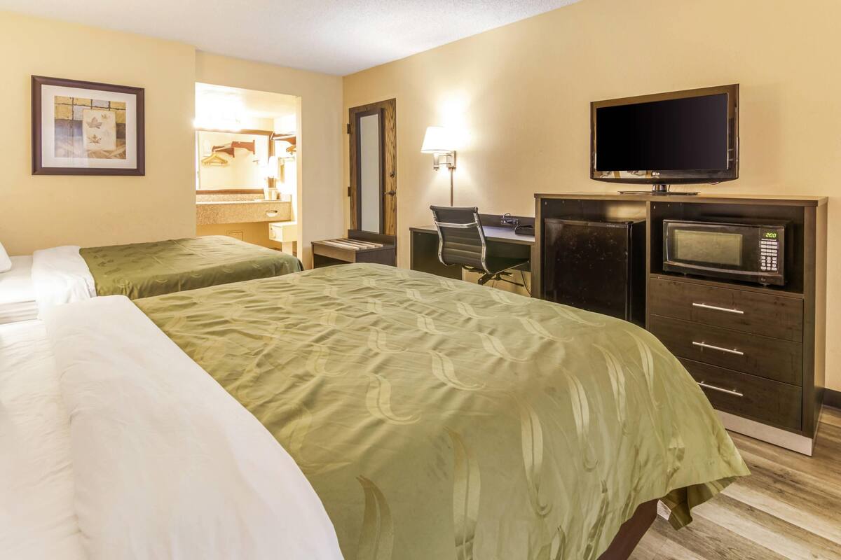 Quarto de hotel com duas camas, uma escrivaninha, uma cadeira, uma televisão e um micro-ondas.