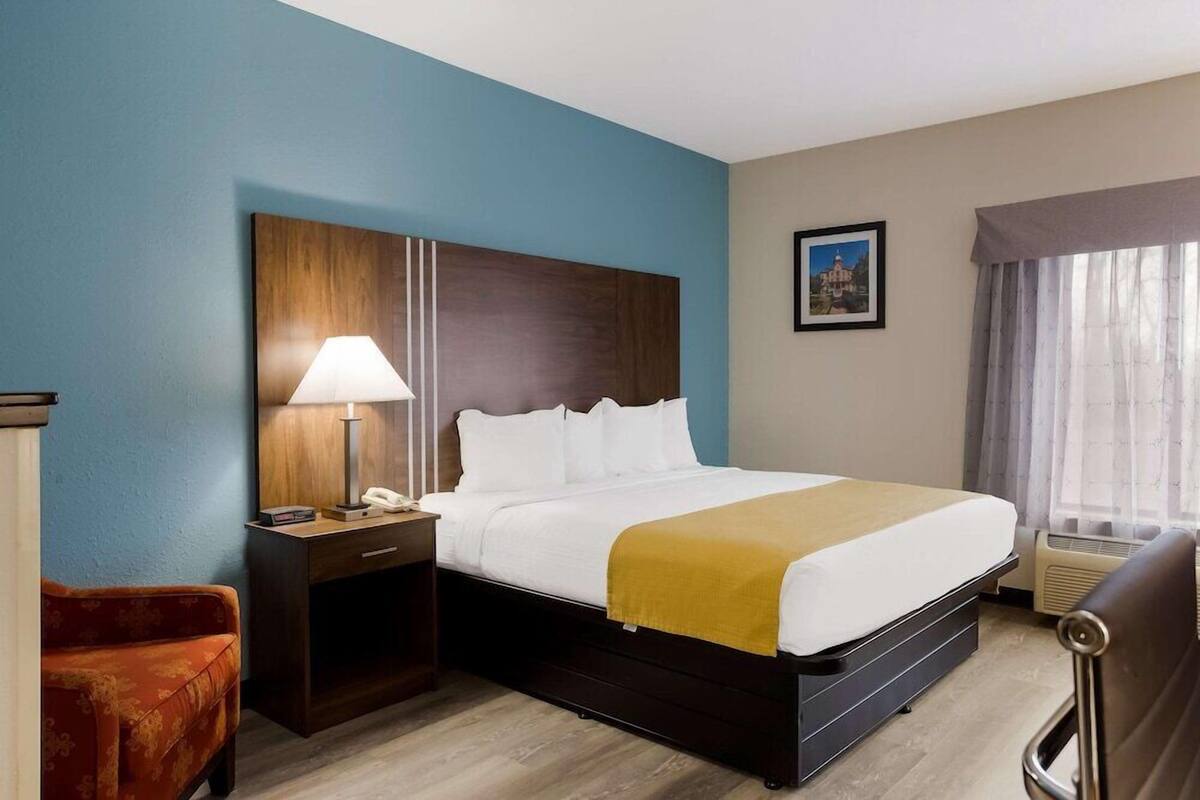 Une chambre d’hôtel avec un lit, une table de chevet, une lampe et un tableau au mur.