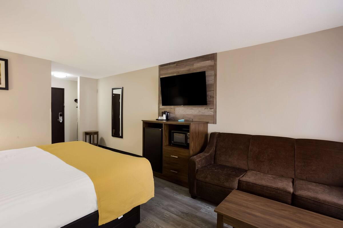 Une chambre d’hôtel comprenant un lit, un canapé marron, un bureau avec un téléviseur à écran plat et un four à micro-ondes.