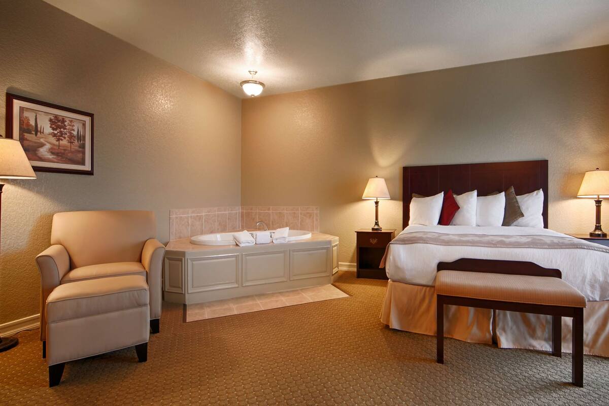 Quarto de hotel com uma cama grande, uma cadeira, um banco, uma mesinha de cabeceira, uma luminária e um quadro na parede.