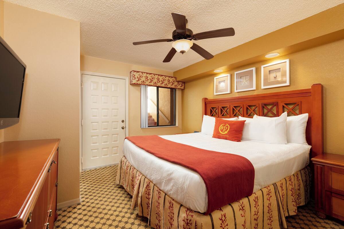 A hotel room with a bed, a ceiling fan, a door, a window, and a wall-mounted TV.