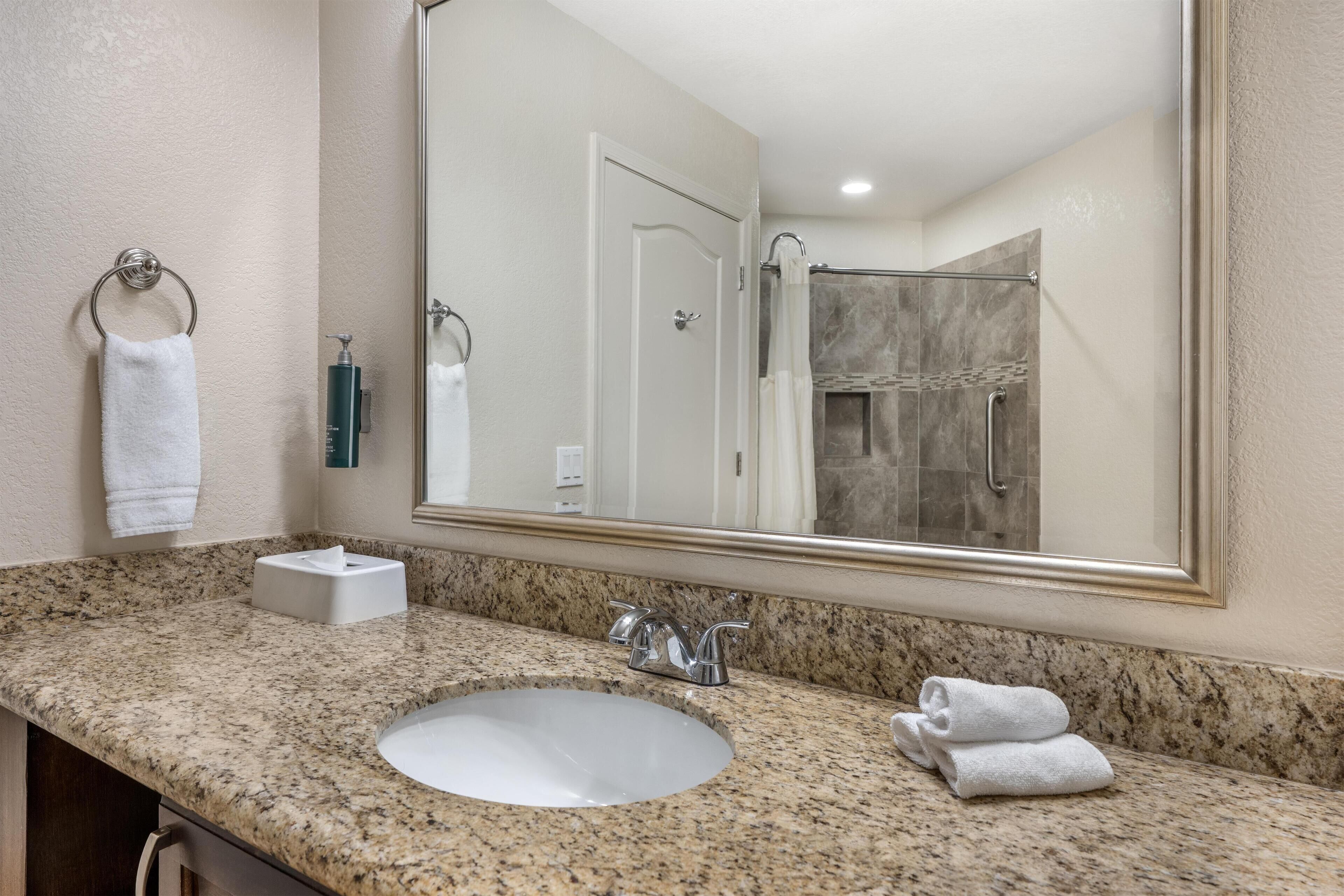 A bathroom with a granite countertop, a white sink, a large mirror, and a shower area.