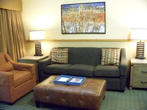 42-inch flat-screen TV with cable channels, LED TV, DVD player