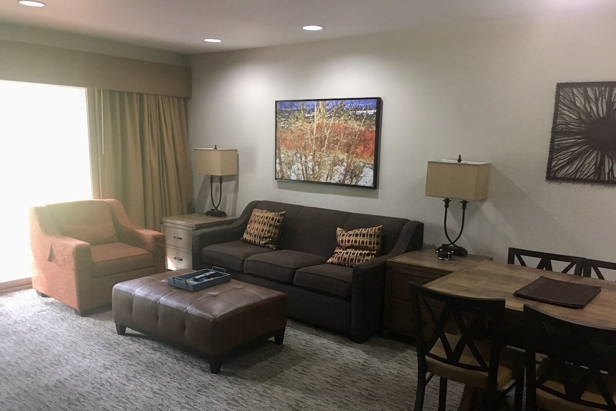 42-inch flat-screen TV with cable channels, LED TV, DVD player