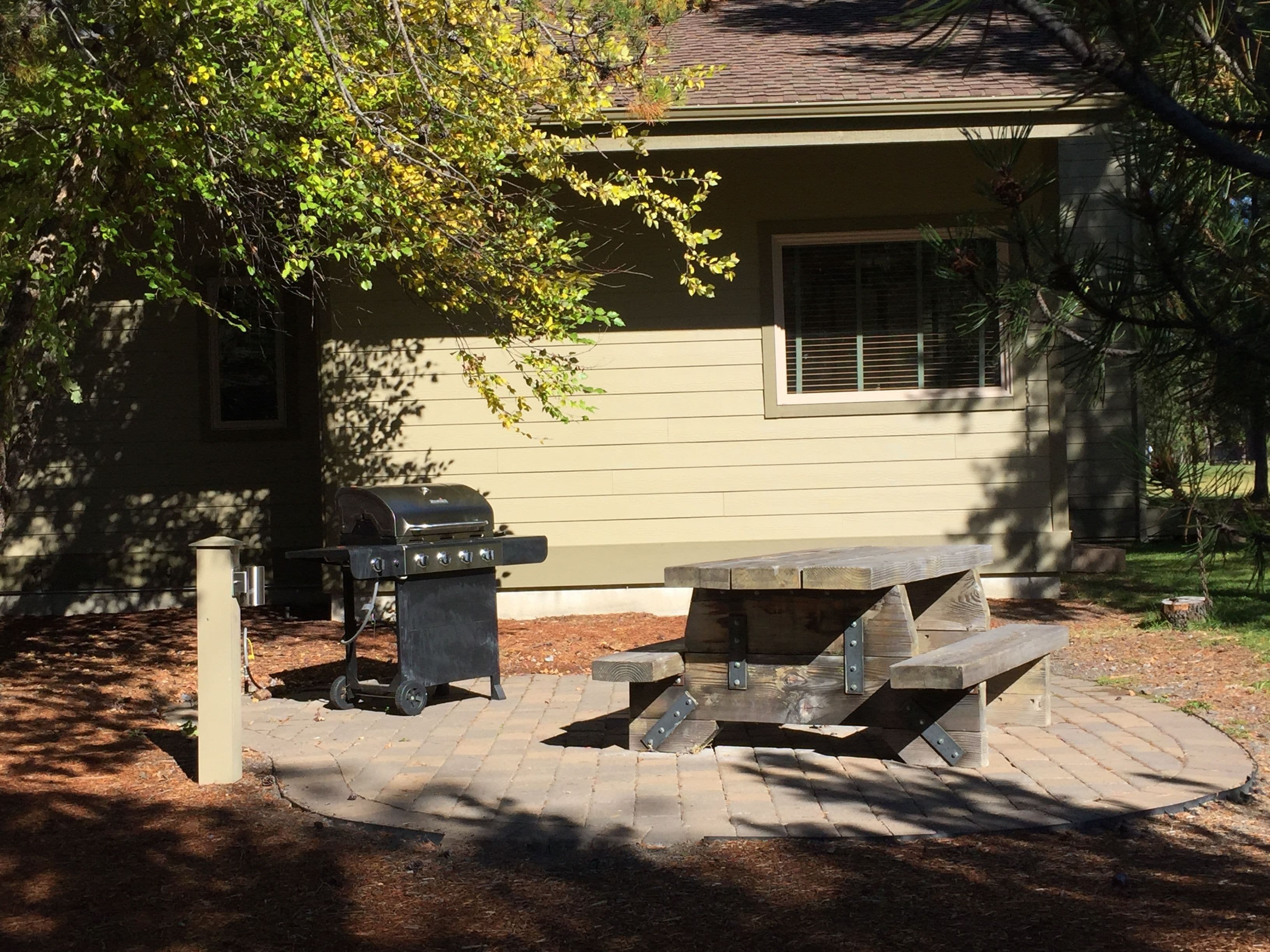 Une terrasse avec un barbecue et une table de pique-nique, entourée d’arbres et d’une maison.