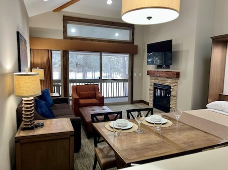 42-inch flat-screen TV with cable channels, LED TV, DVD player