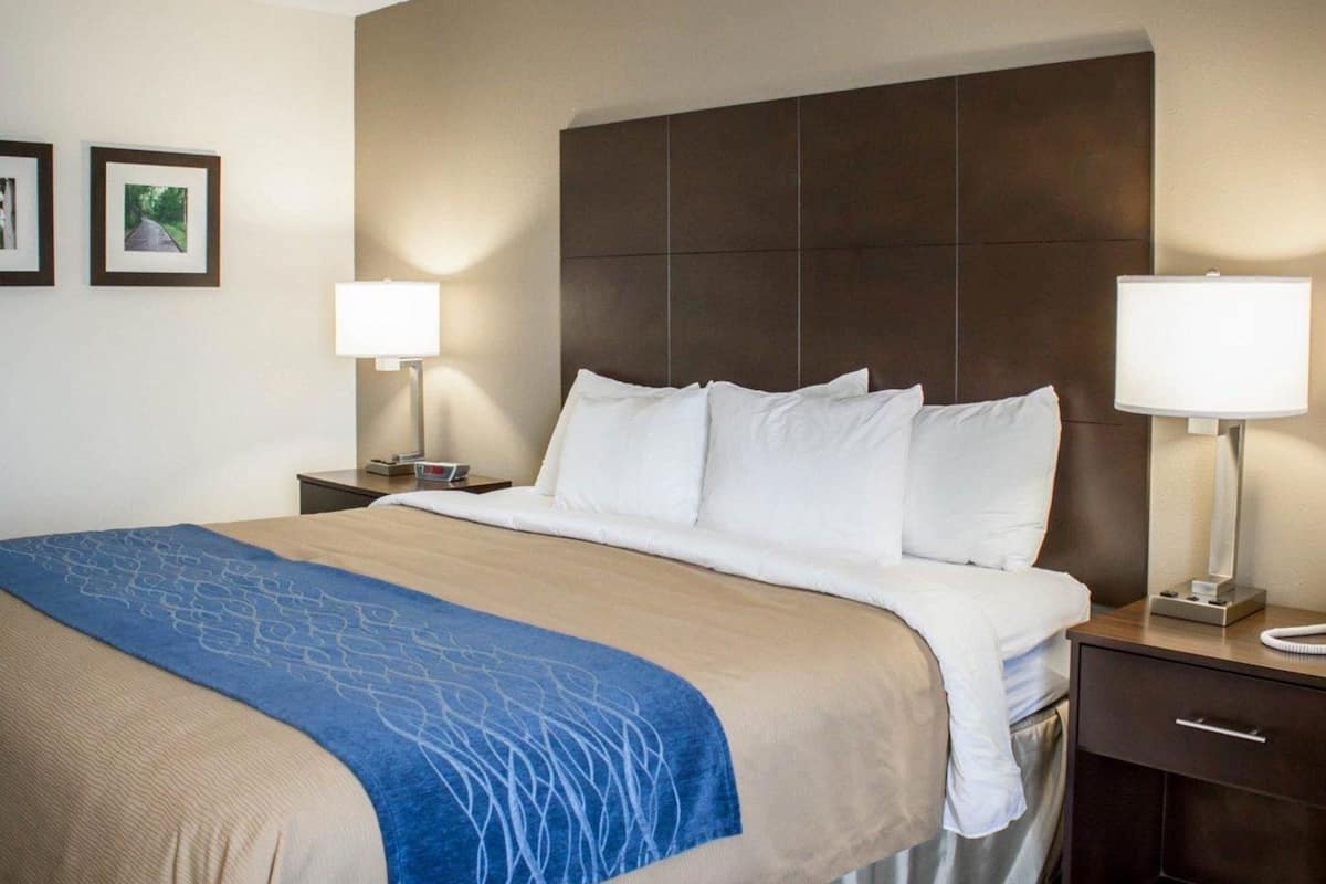 A hotel room with a large bed, two bedside tables, a headboard, and two wall-mounted lamps.