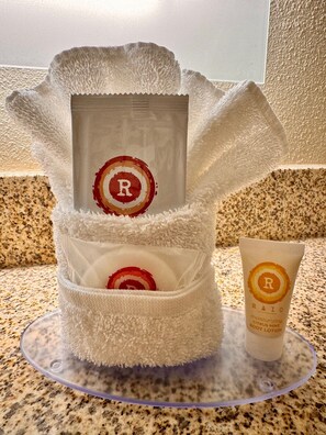 Free toiletries, hair dryer, towels, soap