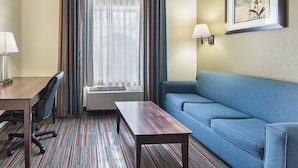 Habitació d'hotel amb escriptori de fusta, un sofà blau, una catifes amb ratlles, una finestra amb cortines i un quadre al mur.