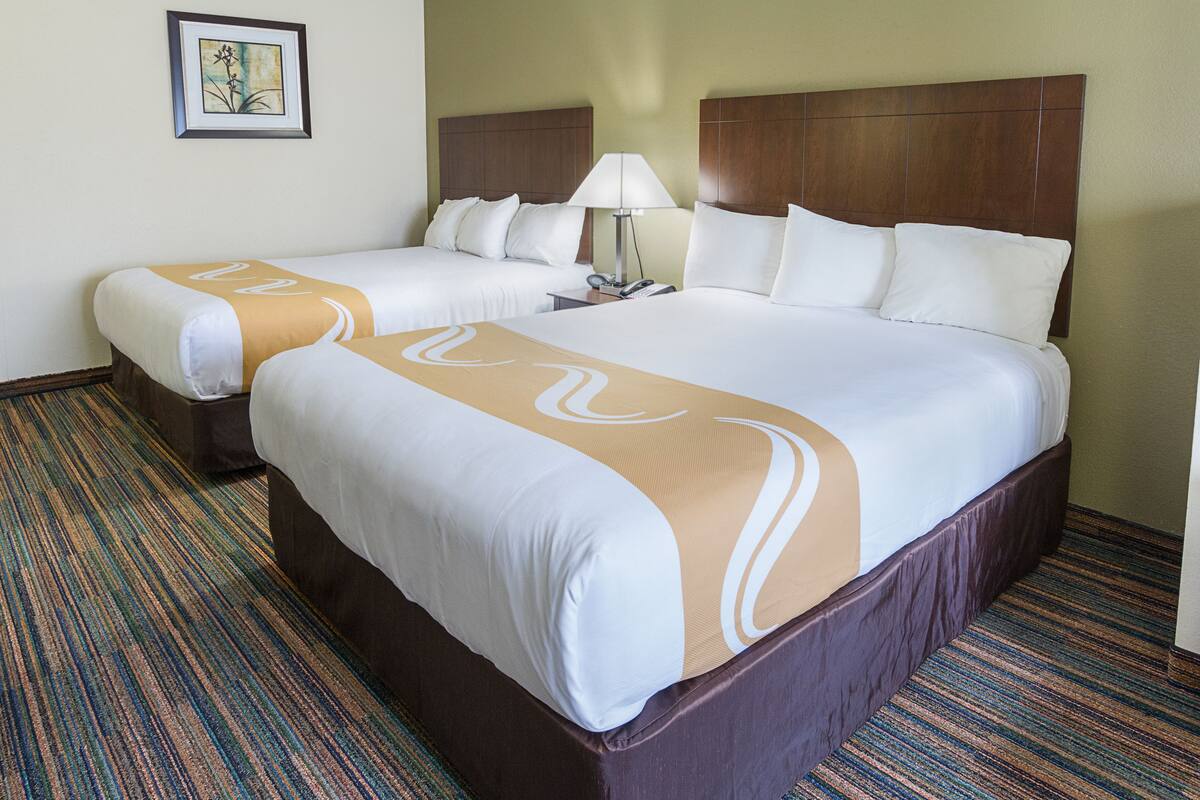 A hotel room with two beds, a nightstand, a lamp, and a framed picture on the wall.