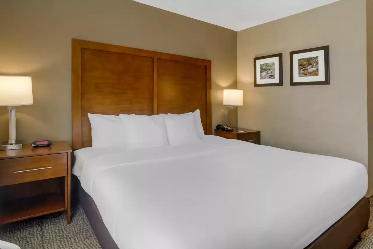 Habitación de hotel con una cama grande, cabecera de madera, dos mesitas de noche con lámparas y dos cuadros en la pared.