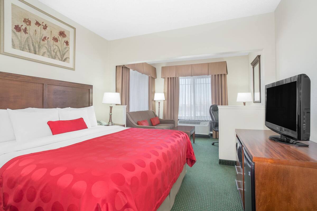 Een hotelkamer met een groot bed, een bureau, een televisie en een stoel.