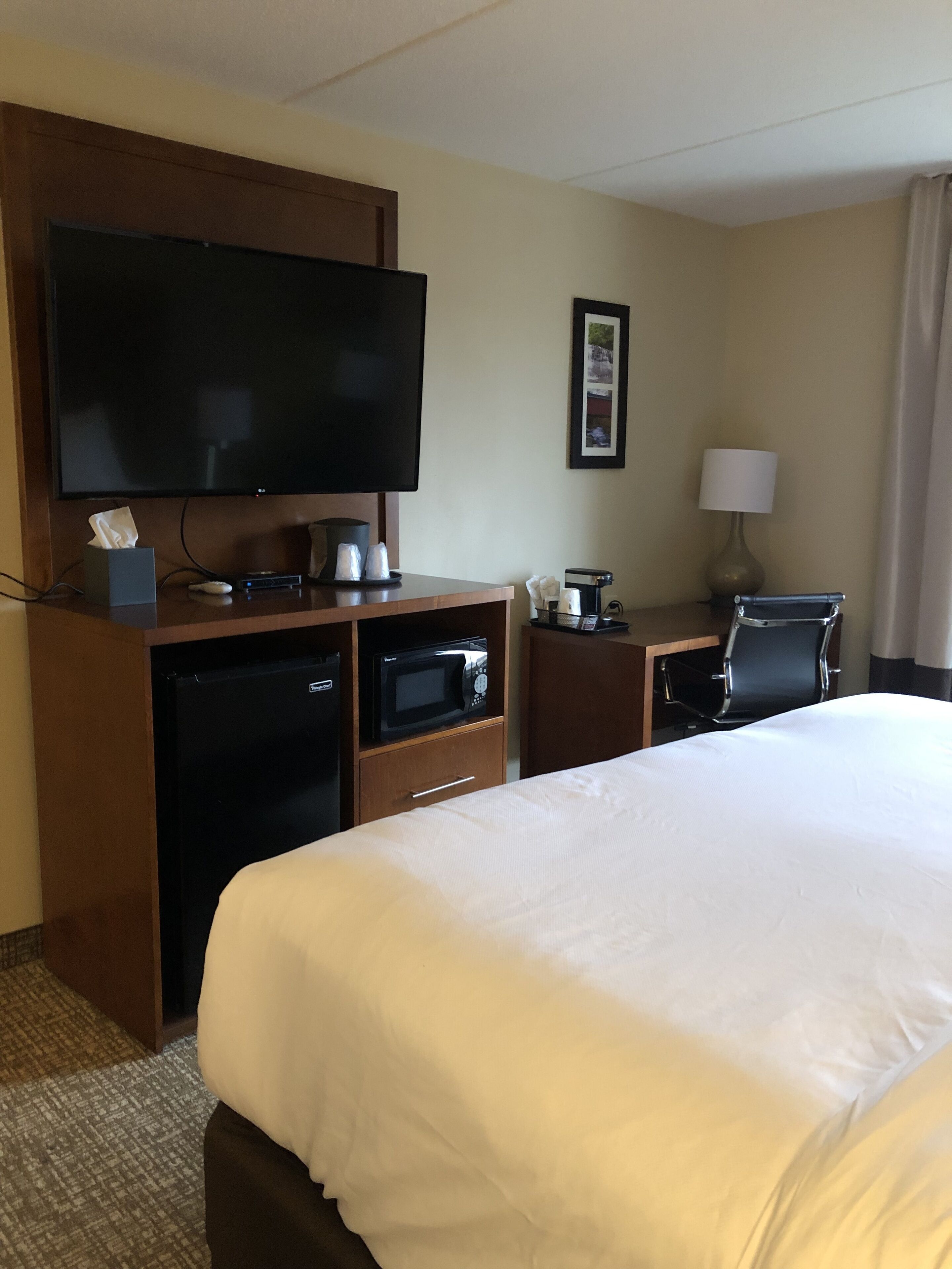 A hotel room with a large bed, a flat-screen TV mounted on the wall, a desk with a coffee maker, a microwave, and a chair.