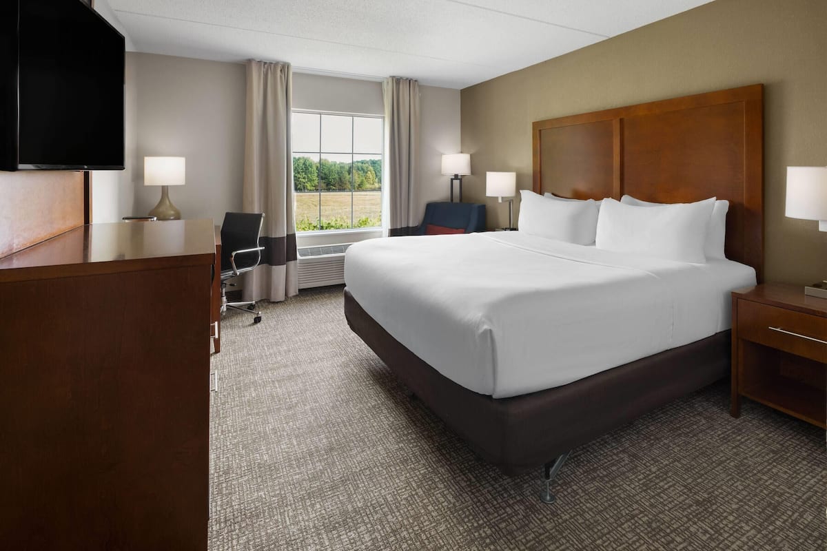 A hotel room with a large bed, two bedside tables, a desk with a chair, a TV, and a window with curtains.
