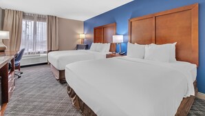 A hotel room with two beds, a desk, a chair, and a window with curtains. - Comfort Inn Somerset - Lake Cumberland (Somerset)