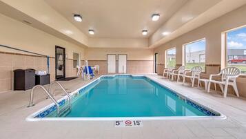Indoor pool, open 10:00 AM to 10:00 PM, sun loungers