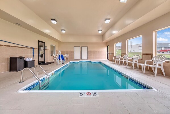 Indoor pool, open 10:00 AM to 10:00 PM, sun loungers