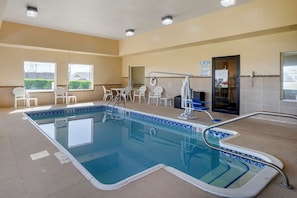 Indoor pool, open 10:00 AM to 10:00 PM, sun loungers