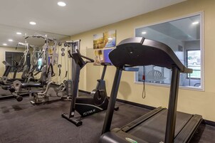 Un gimnasio con cintas de correr, máquinas de pesas y un espejo grande.