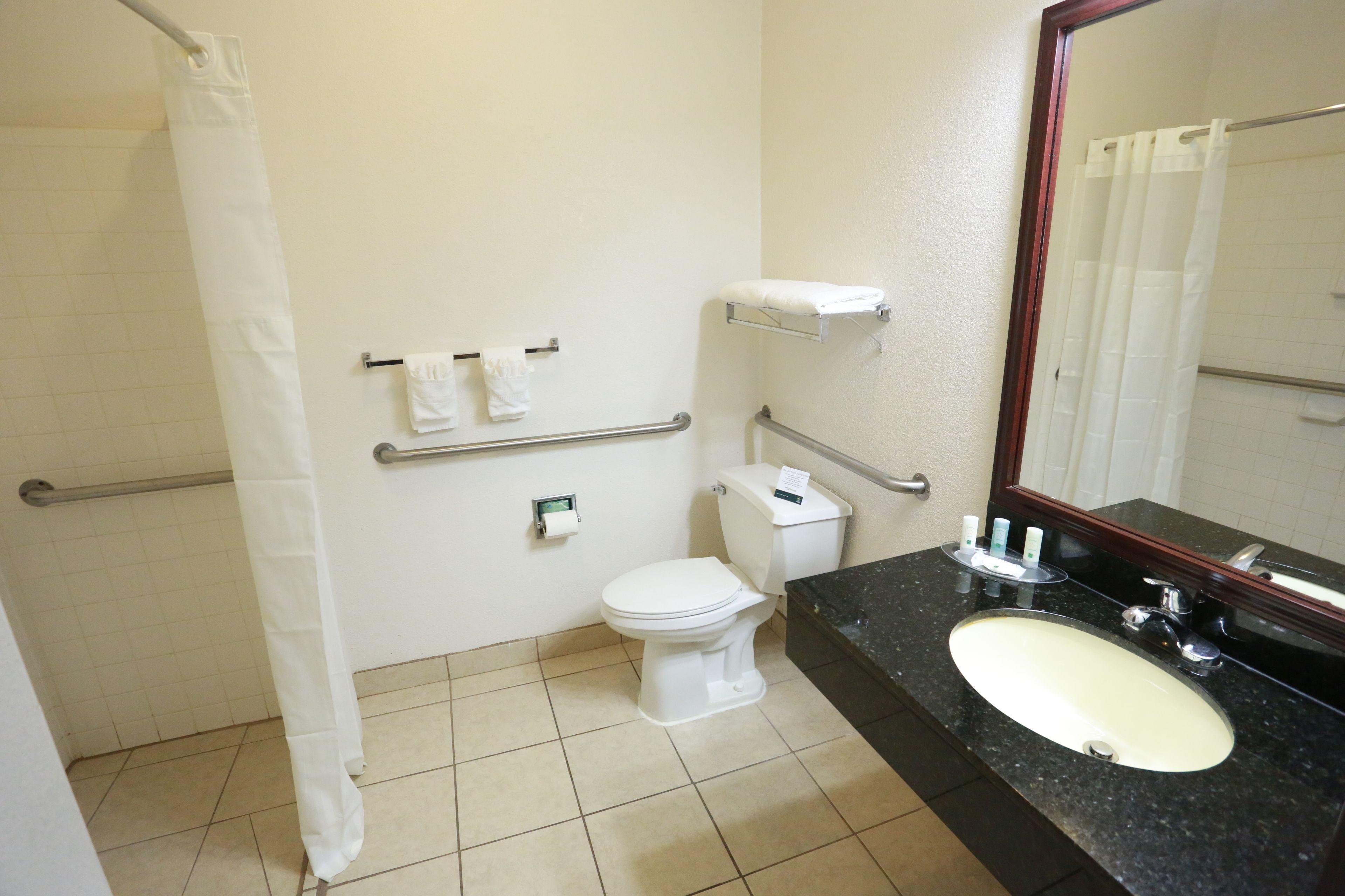 A bathroom with a white toilet, a sink with a mirror, and a shower curtain.