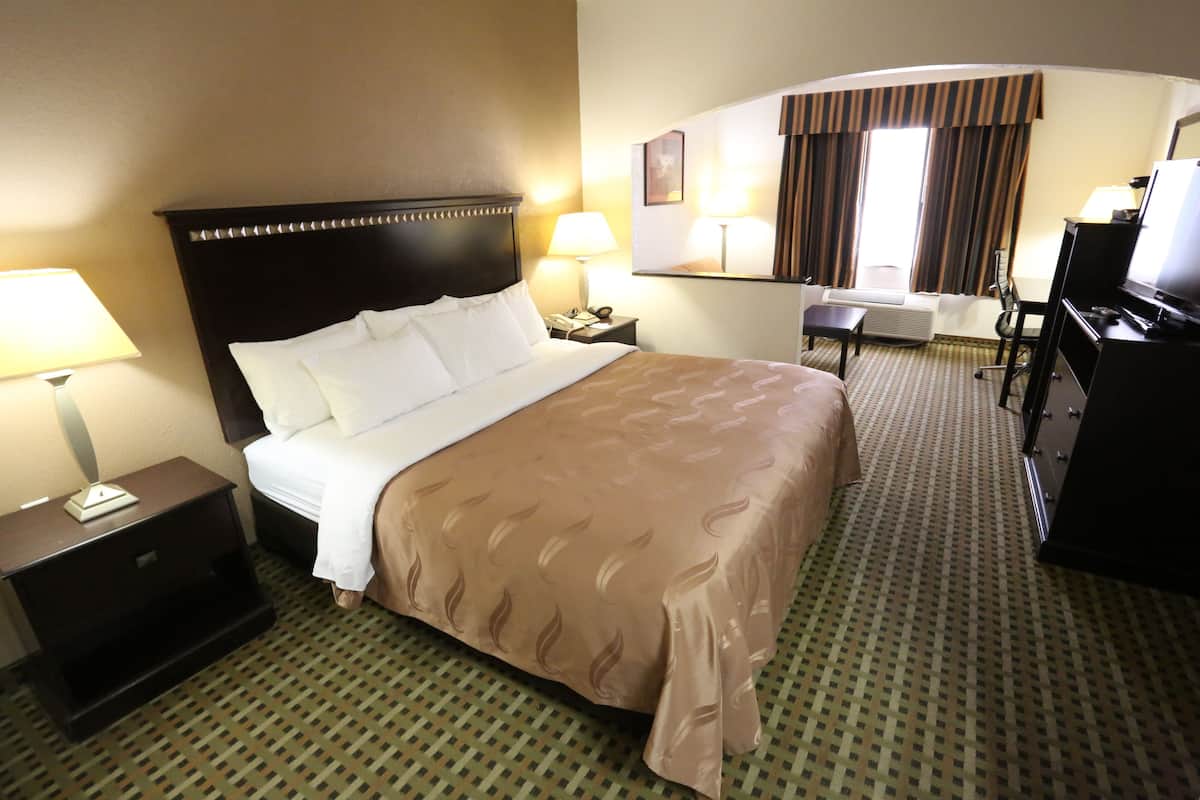 Ein Hotelzimmer mit einem großen Bett, einem Schreibtisch, einem Stuhl, einem Fernseher und einer Lampe.