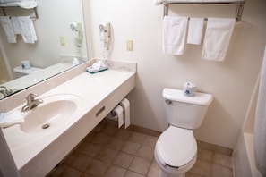 A bathroom with a sink, mirror, toilet, and towel rack. - Hastings Country Inn (Hastings)