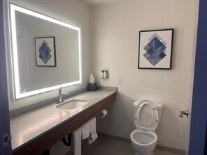 A modern bathroom with a large mirror, two sinks, a toilet, and two framed artworks on the wall.
