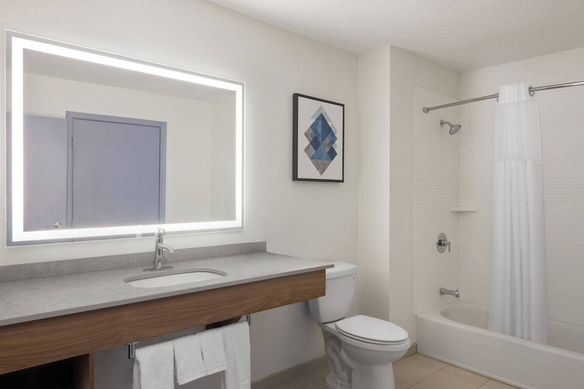 Une salle de bain moderne avec un grand miroir, un lavabo, des toilettes et une baignoire.
