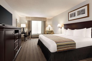 Quarto de hotel com uma cama grande, uma escrivaninha com cadeira, televisão e duas luminárias.
