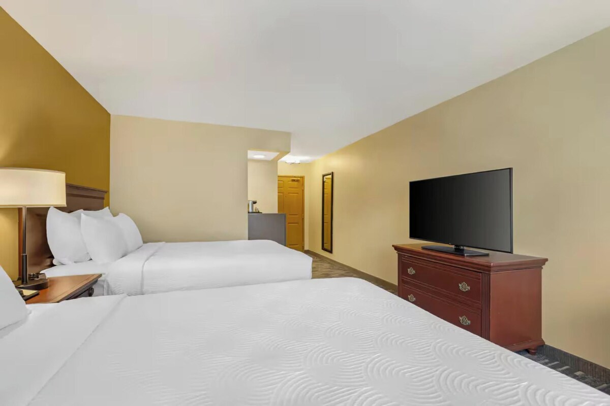 Habitación de hotel con dos camas, un televisor en una cómoda y una lámpara en una mesita de noche.