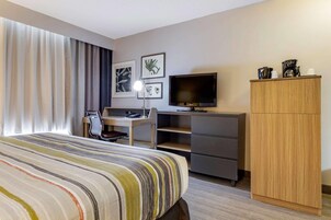 Una habitación de hotel con cama, escritorio, televisor y armario.